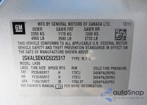 2012 GMC Terrain Sle-2 z USA, uszkodzony, nr VIN 2GKALSEKXC6225317